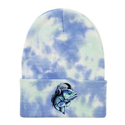 Bass Fish Wearing Headphones Tie Dye 12in Knit Beanie