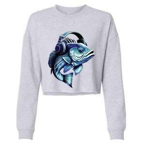 Bass Fish Wearing Headphones Cropped Pullover Crew