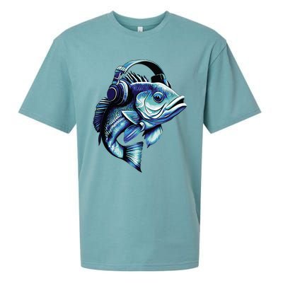 Bass Fish Wearing Headphones Sueded Cloud Jersey T-Shirt