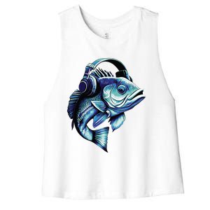 Bass Fish Wearing Headphones Women's Racerback Cropped Tank