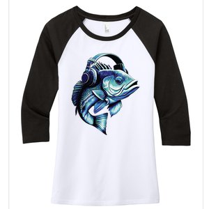 Bass Fish Wearing Headphones Women's Tri-Blend 3/4-Sleeve Raglan Shirt