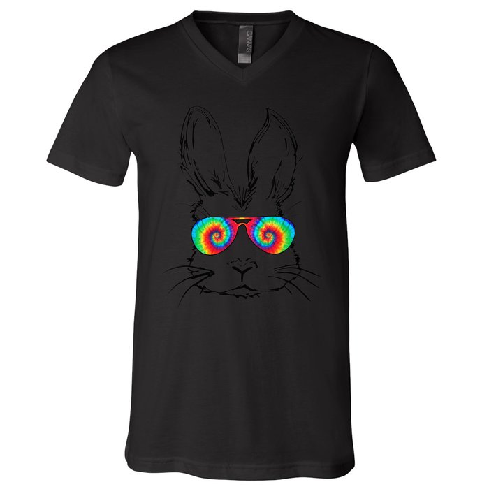 Bunny Face With Sunglasses Tie Dye Easter Day boy  kid V-Neck T-Shirt