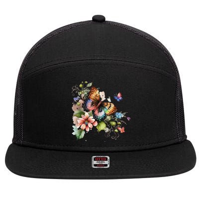 Butterfly Floral Watercolor 7 Panel Mesh Trucker Snapback Hat