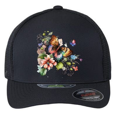 Butterfly Floral Watercolor Flexfit Unipanel Trucker Cap