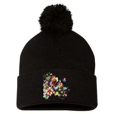 Butterfly Floral Watercolor Pom Pom 12in Knit Beanie