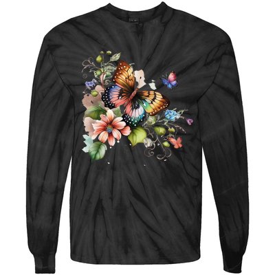 Butterfly Floral Watercolor Tie-Dye Long Sleeve Shirt