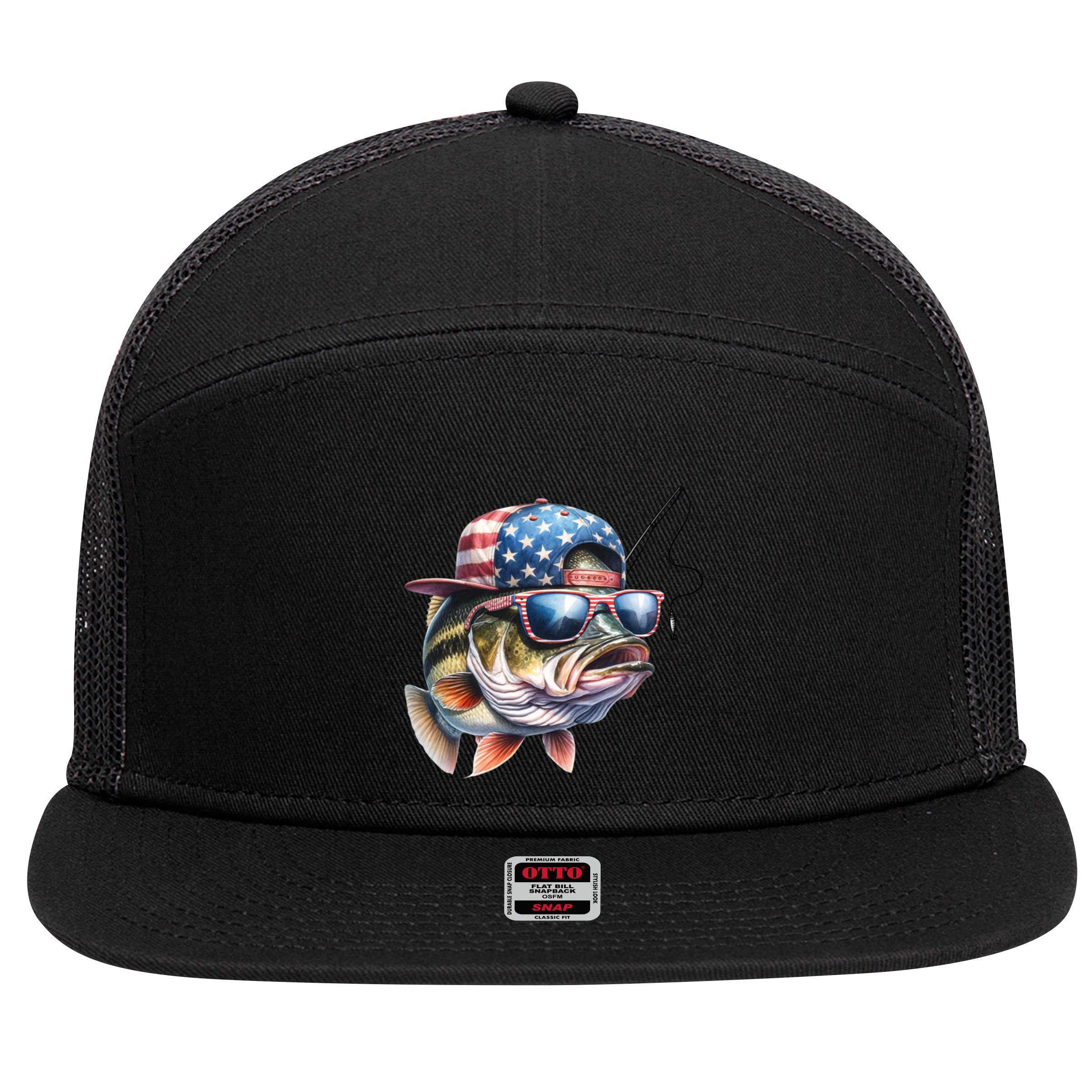Bass Fish With Us Flag Gift 7 Panel Mesh Trucker Snapback Hat