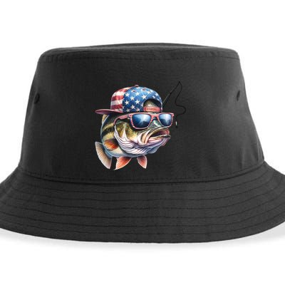 Bass Fish With Us Flag Gift Sustainable Bucket Hat