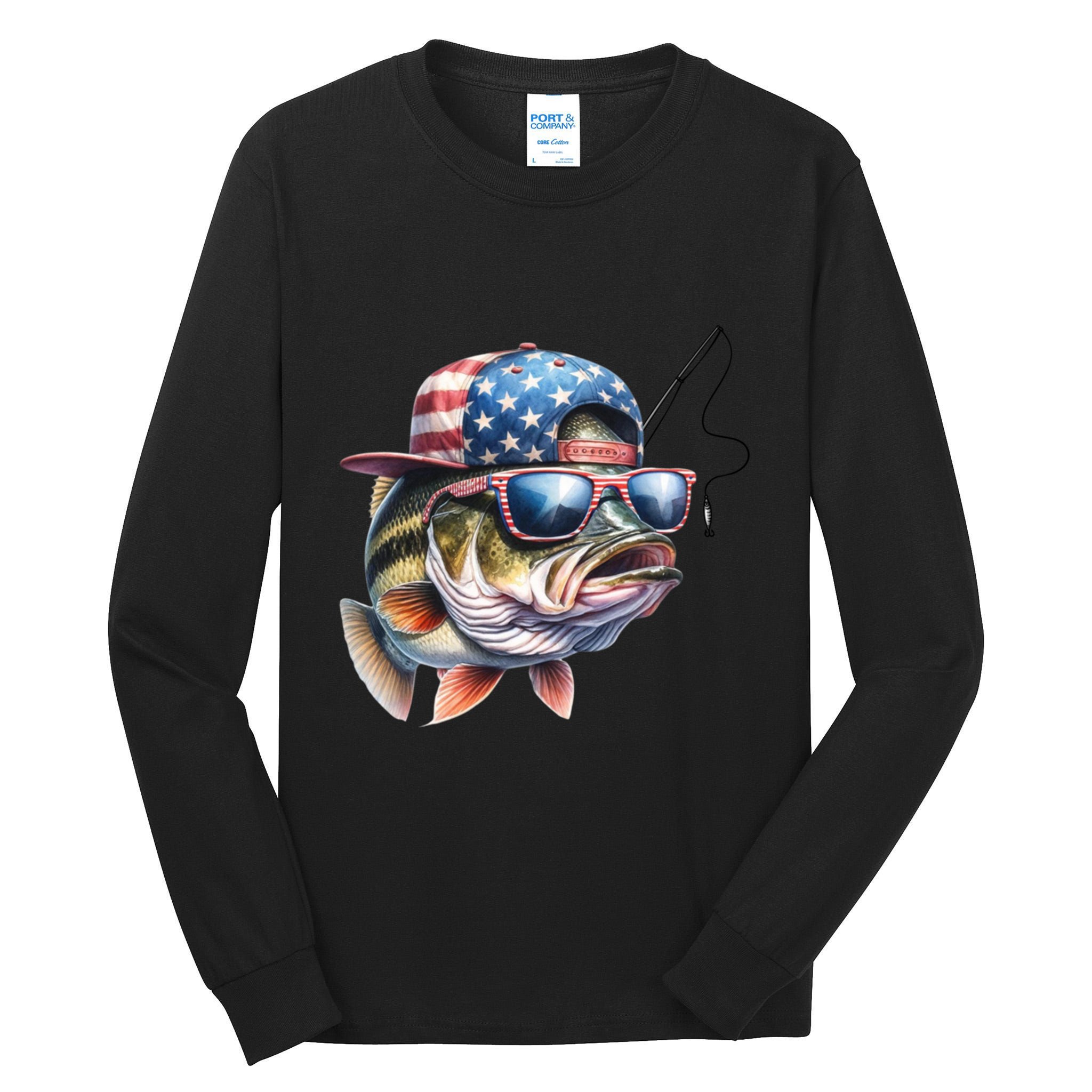 Bass Fish With Us Flag Gift Tall Long Sleeve T-Shirt
