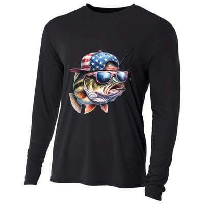 Bass Fish With Us Flag Gift Cooling Performance Long Sleeve Crew