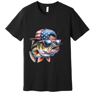 Bass Fish With Us Flag Gift Premium T-Shirt
