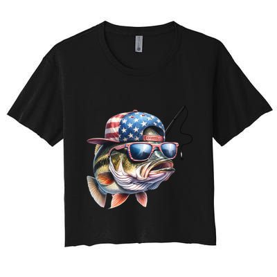 Bass Fish With Us Flag Gift Crop Top