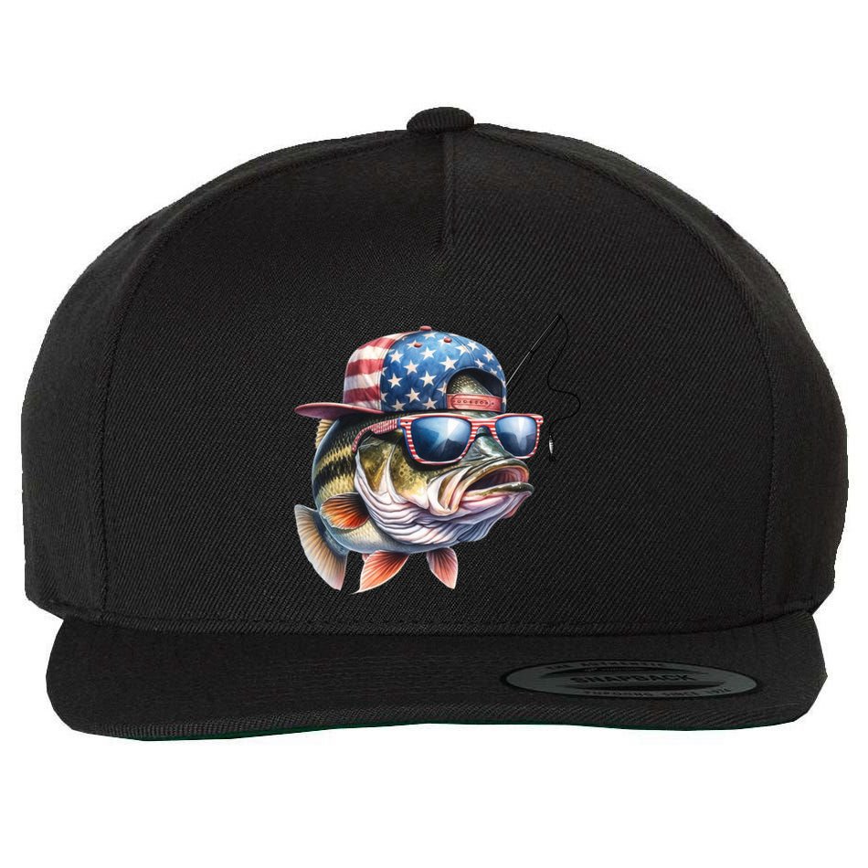 Bass Fish With Us Flag Gift Wool Snapback Cap