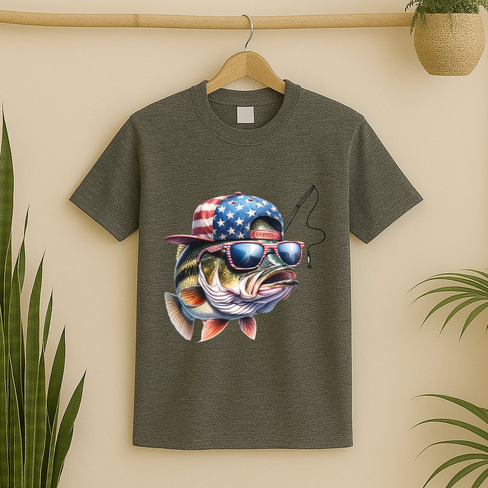 Bass Fish With Us Flag Gift T-Shirt