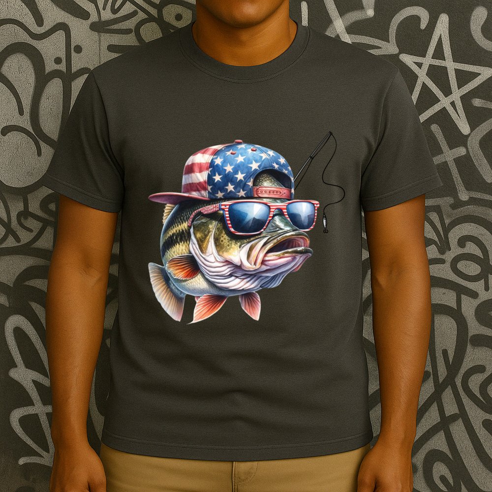 Bass Fish With Us Flag Gift T-Shirt