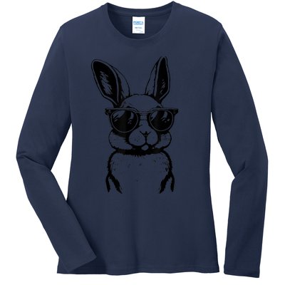 Bunny Face With Sunglasses For Boy  kid Happy Easter Day Ladies Long Sleeve Shirt