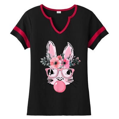 Bunny Face With Glasses Bubblegum Happy Easter Women Ladies Halftime Notch Neck Tee