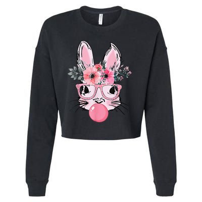 Bunny Face With Glasses Bubblegum Happy Easter Women Cropped Pullover Crew