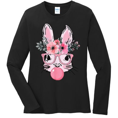 Bunny Face With Glasses Bubblegum Happy Easter Women Ladies Long Sleeve Shirt