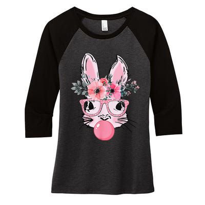 Bunny Face With Glasses Bubblegum Happy Easter Women Women's Tri-Blend 3/4-Sleeve Raglan Shirt