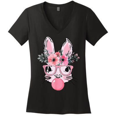 Bunny Face With Glasses Bubblegum Happy Easter Women Women's V-Neck T-Shirt