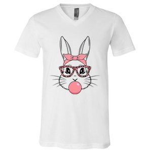 Bunny Face With Glasses Leopard Print Happy Easter Day Funny Gift V-Neck T-Shirt