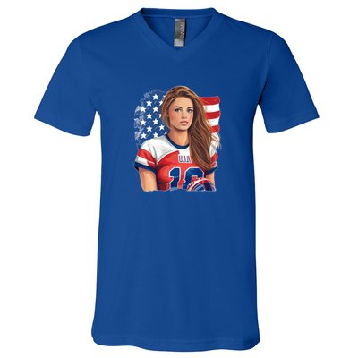 Beautiful Football With America Flag Gift V-Neck T-Shirt