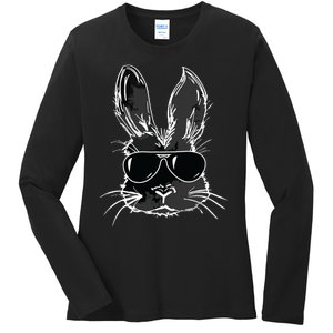 Bunny Face With Sunglasses For Easter Day Ladies Long Sleeve Shirt