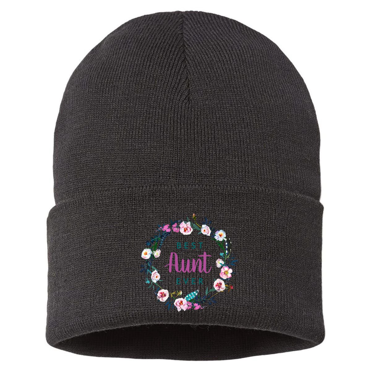 Boho Floral Wreath Best Aunt Ever Sustainable Knit Beanie