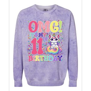 Birthday Girl 11 Years Old Cat Unicorn 11th Birthday Colorblast Crewneck Sweatshirt