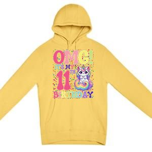 Birthday Girl 11 Years Old Cat Unicorn 11th Birthday Premium Pullover Hoodie