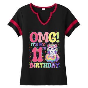 Birthday Girl 11 Years Old Cat Unicorn 11th Birthday Ladies Halftime Notch Neck Tee