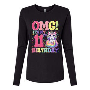 Birthday Girl 11 Years Old Cat Unicorn 11th Birthday Womens Cotton Relaxed Long Sleeve T-Shirt