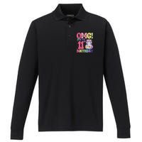 Birthday Girl 11 Years Old Cat Unicorn 11th Birthday Performance Long Sleeve Polo