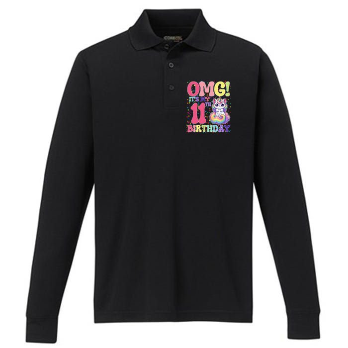 Birthday Girl 11 Years Old Cat Unicorn 11th Birthday Performance Long Sleeve Polo