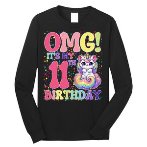 Birthday Girl 11 Years Old Cat Unicorn 11th Birthday Long Sleeve Shirt