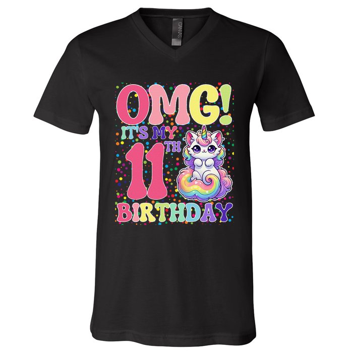 Birthday Girl 11 Years Old Cat Unicorn 11th Birthday V-Neck T-Shirt