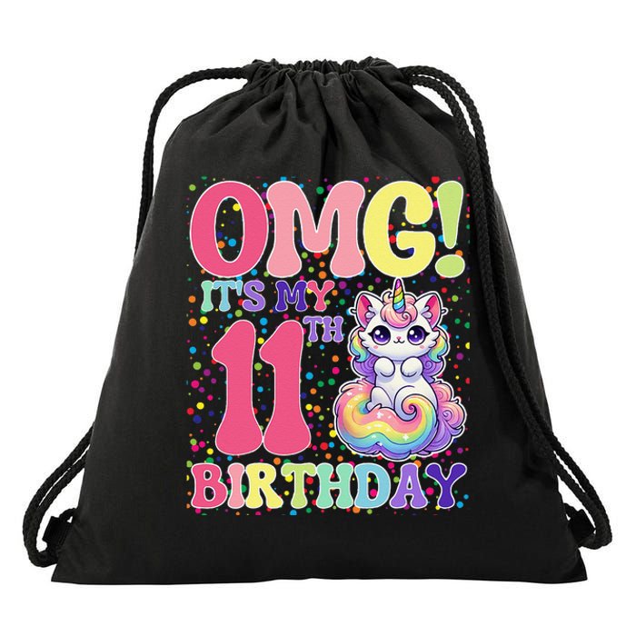 Birthday Girl 11 Years Old Cat Unicorn 11th Birthday Drawstring Bag