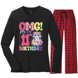 Birthday Girl 11 Years Old Cat Unicorn 11th Birthday Women's Long Sleeve Flannel Pajama Set 