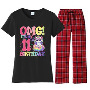 Birthday Girl 11 Years Old Cat Unicorn 11th Birthday Women's Flannel Pajama Set