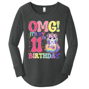 Birthday Girl 11 Years Old Cat Unicorn 11th Birthday Women's Perfect Tri Tunic Long Sleeve Shirt