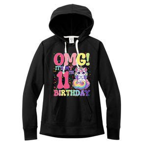 Birthday Girl 11 Years Old Cat Unicorn 11th Birthday Women's Fleece Hoodie