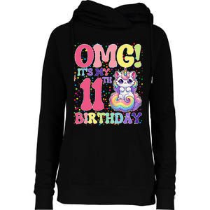 Birthday Girl 11 Years Old Cat Unicorn 11th Birthday Womens Funnel Neck Pullover Hood