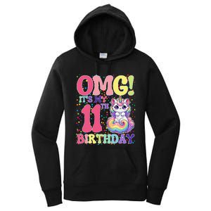 Birthday Girl 11 Years Old Cat Unicorn 11th Birthday Women's Pullover Hoodie