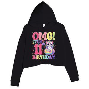 Birthday Girl 11 Years Old Cat Unicorn 11th Birthday Crop Fleece Hoodie