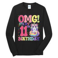 Birthday Girl 11 Years Old Cat Unicorn 11th Birthday Tall Long Sleeve T-Shirt