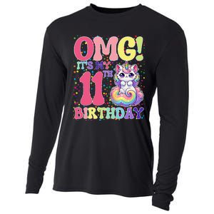 Birthday Girl 11 Years Old Cat Unicorn 11th Birthday Cooling Performance Long Sleeve Crew