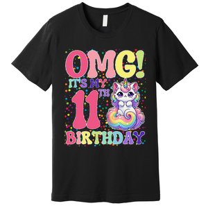 Birthday Girl 11 Years Old Cat Unicorn 11th Birthday Premium T-Shirt