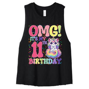 Birthday Girl 11 Years Old Cat Unicorn 11th Birthday Women's Racerback Cropped Tank