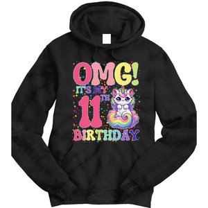 Birthday Girl 11 Years Old Cat Unicorn 11th Birthday Tie Dye Hoodie